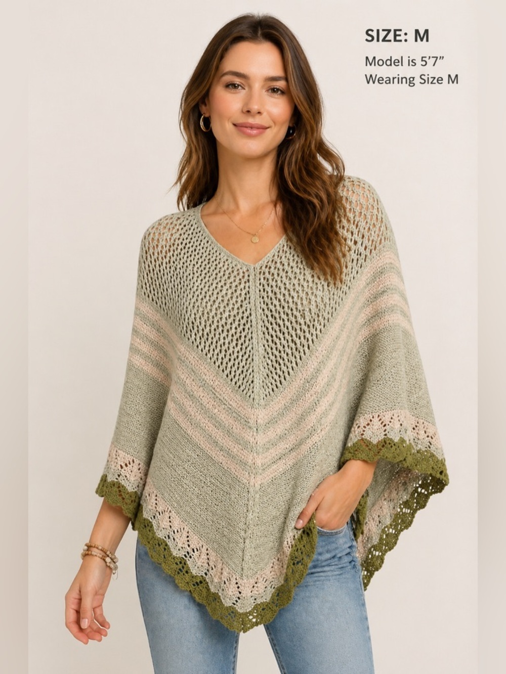Vertigo Open Knit Poncho Sweater M Boho Crochet Colorblock Cape Shawl